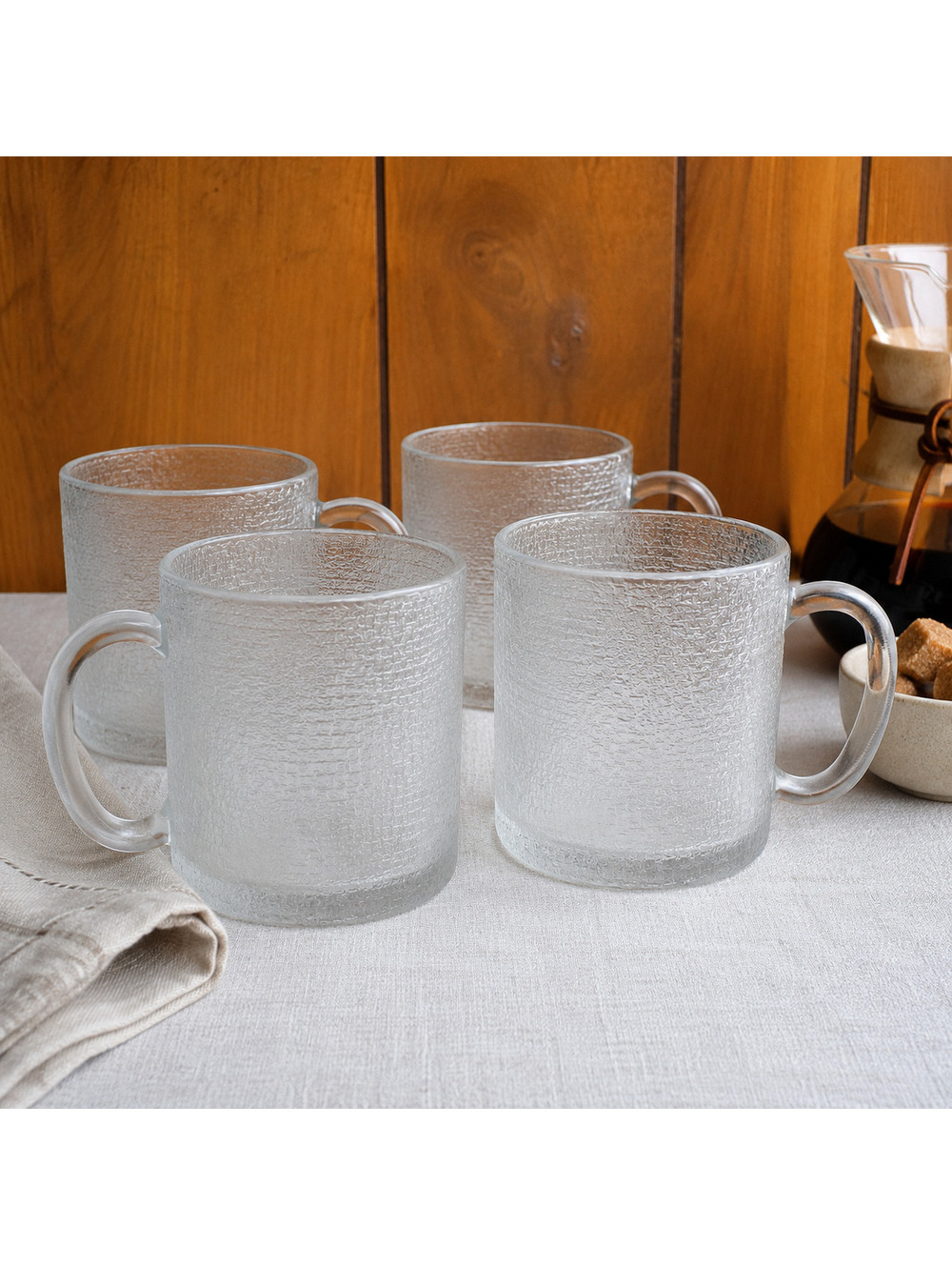 Vintage Textured Clear Glass Coffee Mugs Set of 4, 3.75”